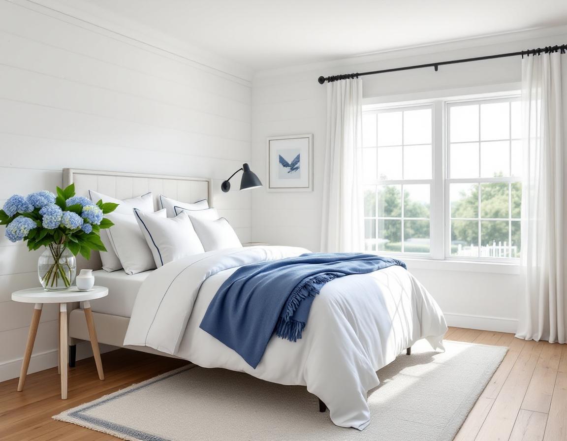 Bright, clean Nantucket home interior with hydrangeas